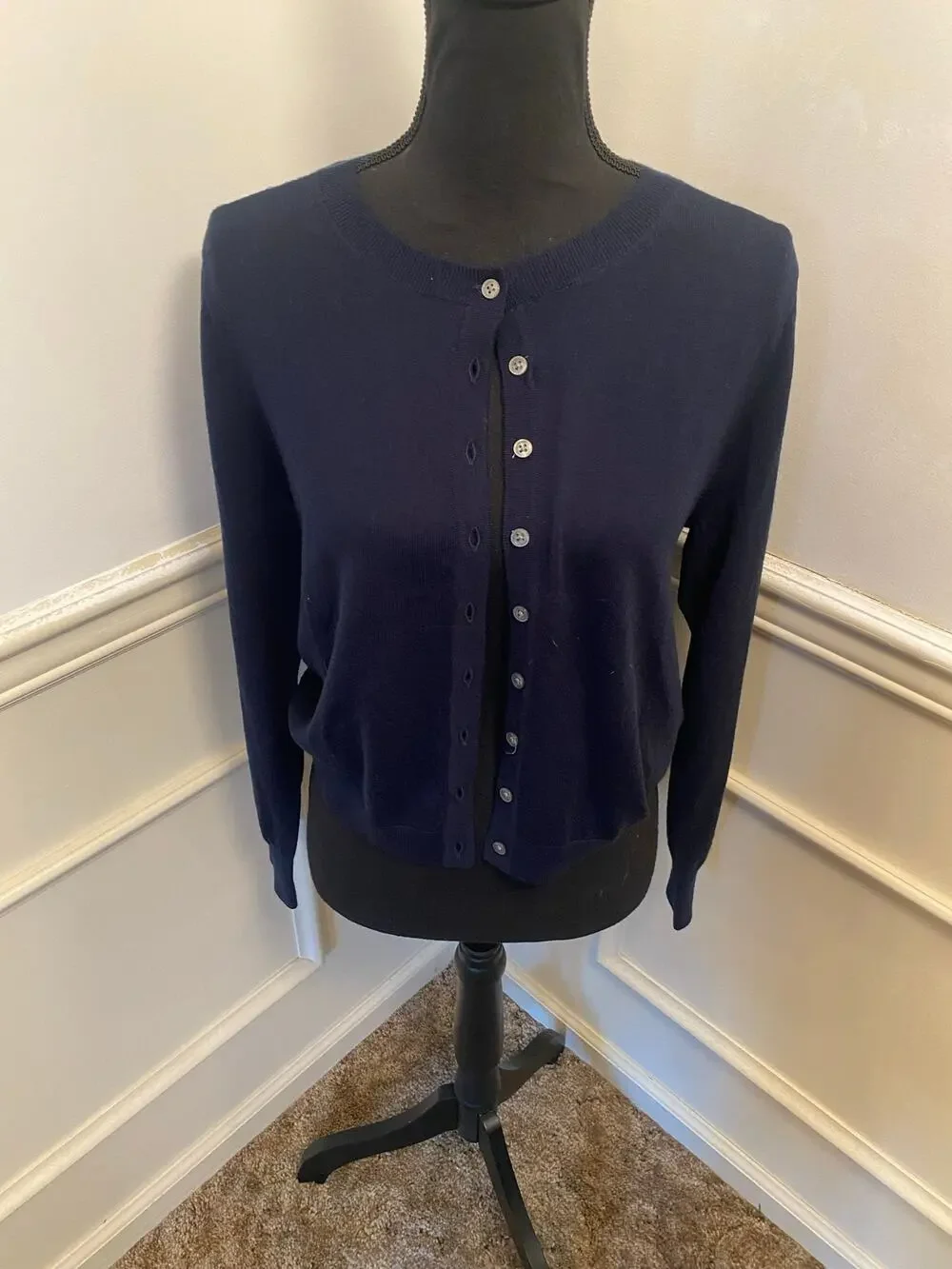 J. Crew Jackie Dark Navy Blue Button Front Cardigan Sweater Merino Wool Knit